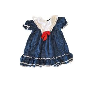 Vintage Roanna Girls Polka Dot Dress‎ Navy Blue White Lace Red Bow Size 6 USA